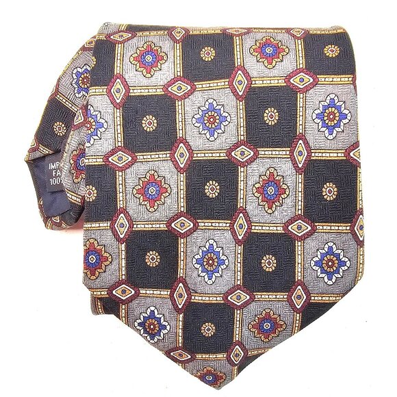 Geoffrey Beene Mens Silk Tie Geometric Floral Pattern Black & Gray - Picture 1 of 7